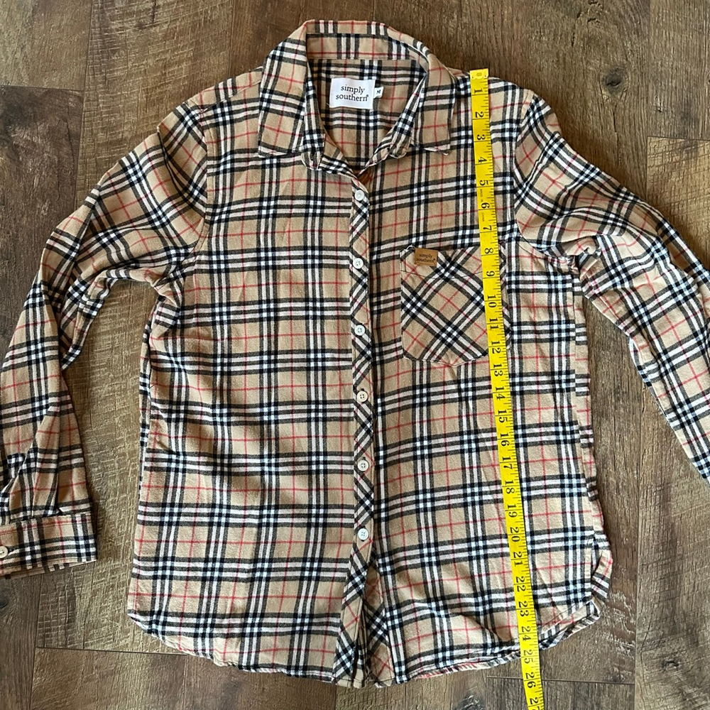 Women's Simply Southern Plaid Button Down Shirt M Beige Black - Picture 8 of 9
